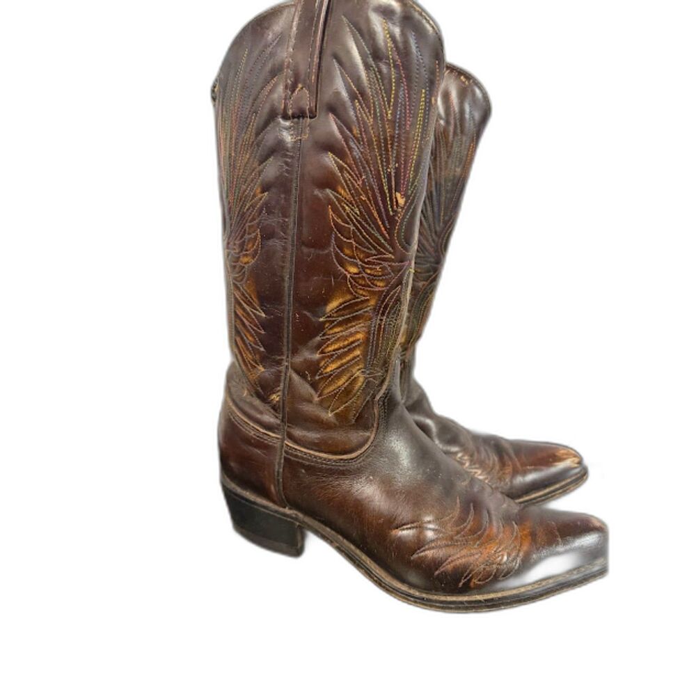 ACME Cowgirl Cowboy Western Boots Brown Rainbow Embroidery Stitching Size 7.5 C